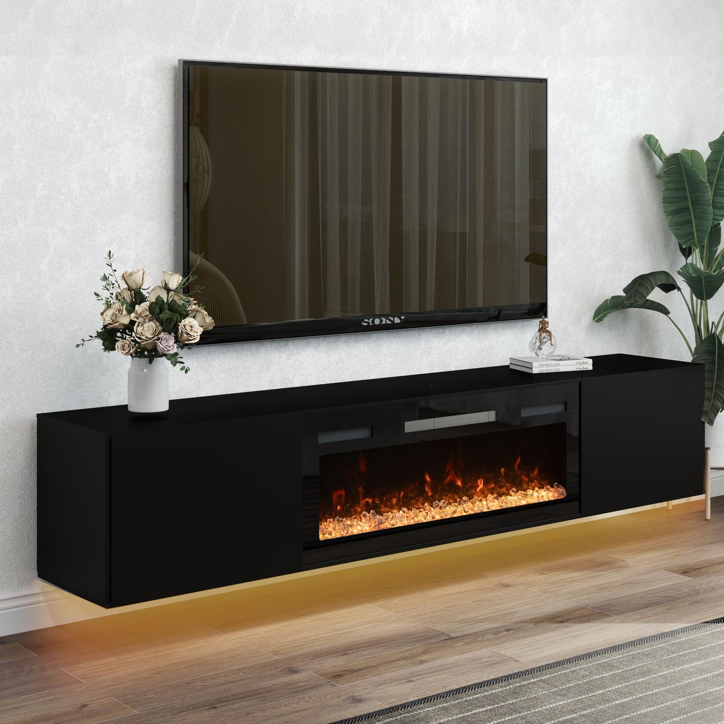 80" Floating TV Stand with 36" Electric Fireplace & LED Lights, Wall Mounted High Gloss Finish Entertainment Center with Storage Cabinets for TVs Up to 90" Black