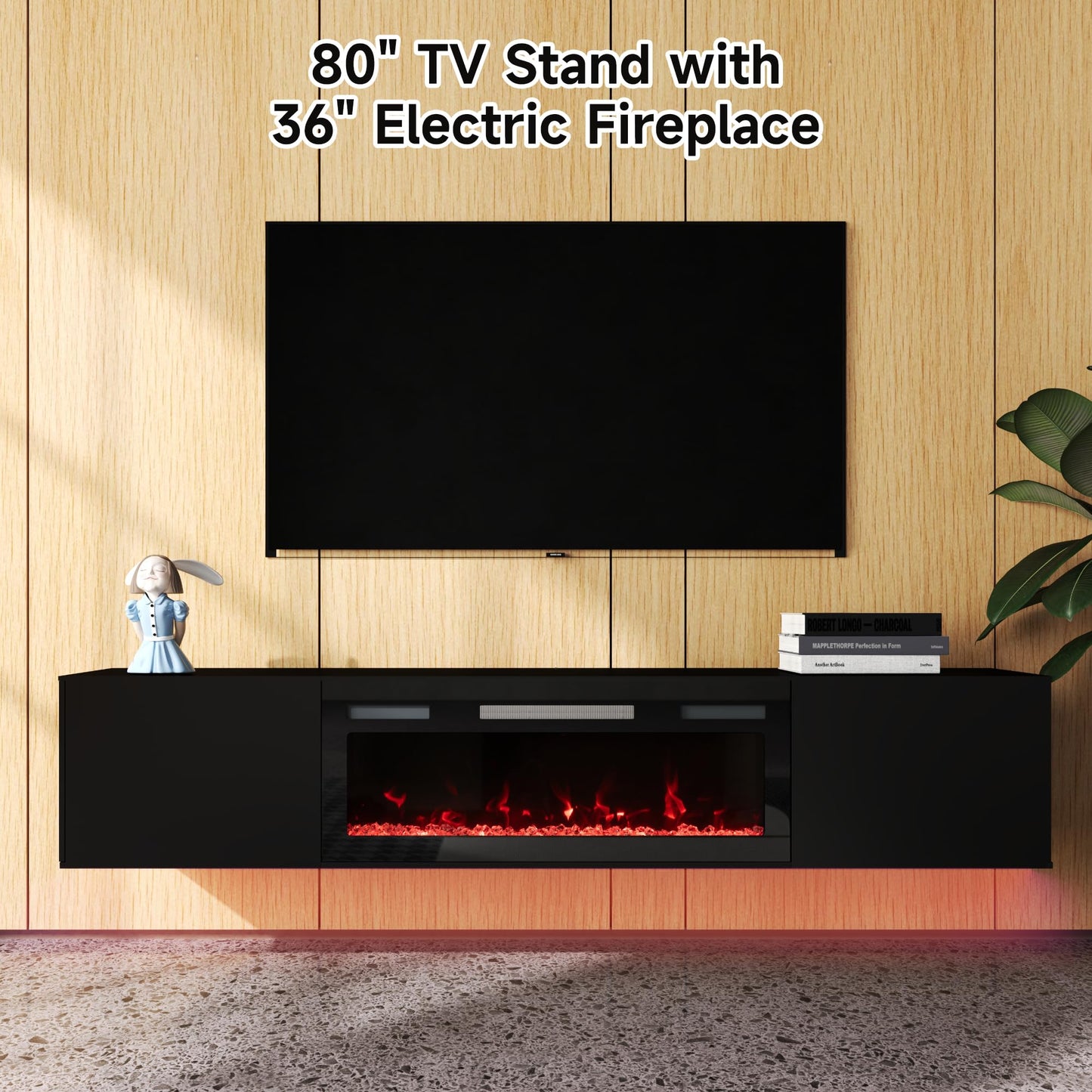 80" Floating TV Stand with 36" Electric Fireplace & LED Lights, Wall Mounted High Gloss Finish Entertainment Center with Storage Cabinets for TVs Up to 90" Black